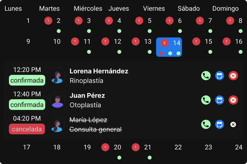 Sección de una página web mostrando el calendario de un doctor