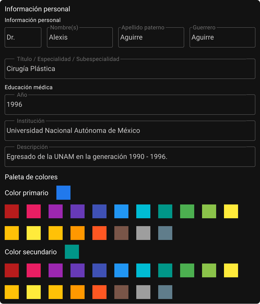 Página web mostrando un formulario con la información de un doctor y un selector de colores