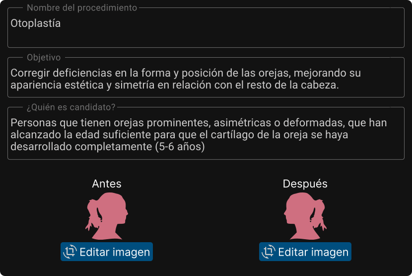 Sección de una página web mostrando el formulario de un procedimiento médico